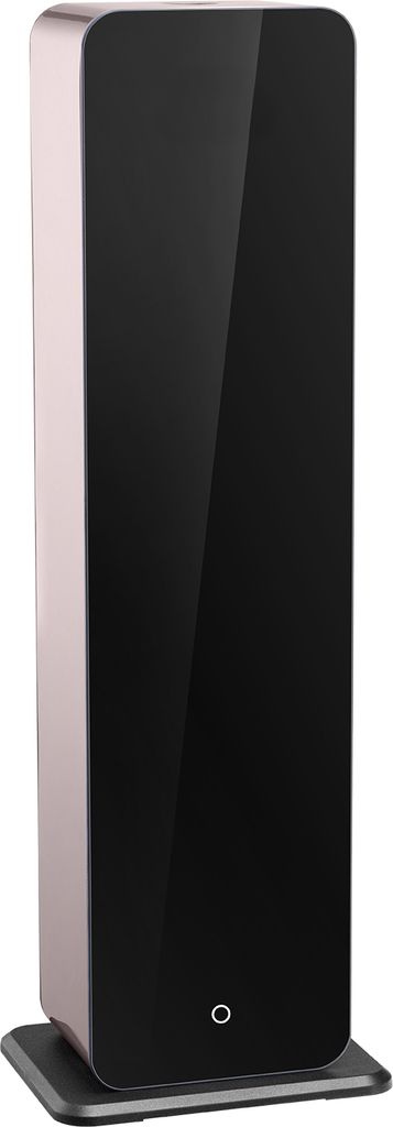A tall, slender, modern air machine with a black glass front and rose gold sides, standing on a black base.
