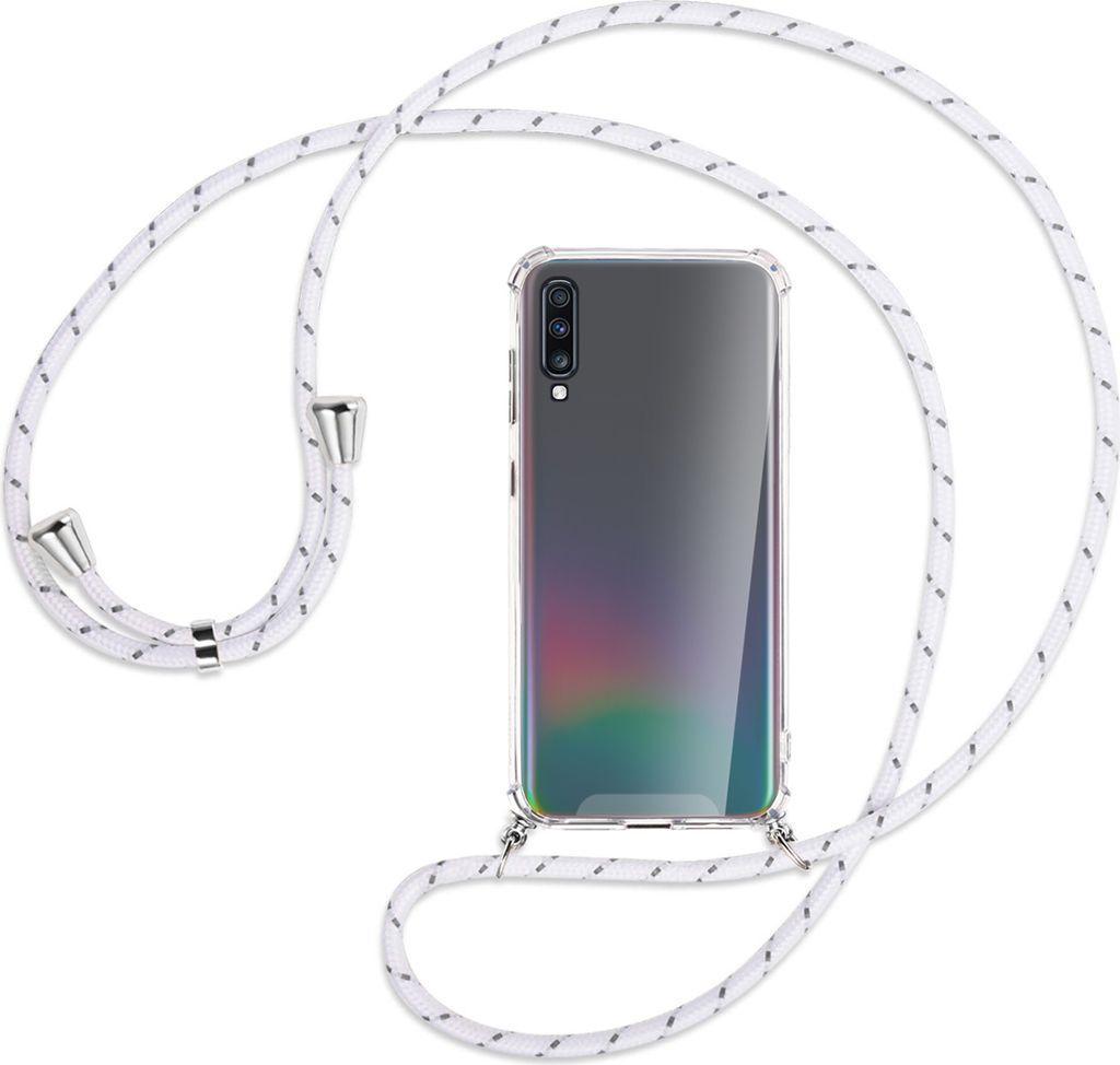 Handykette Backcover-Schutzhülle mit Band (Metall silberfarben) für Samsung Galaxy A70 - weiß/grau