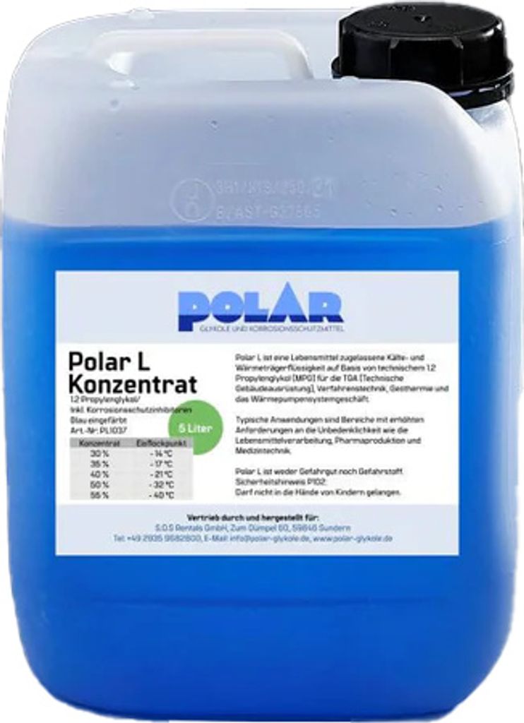 Polar L-MPG Glykol Frostschutzmittel, Propylenglykol 100% Konzentrat 5 Liter