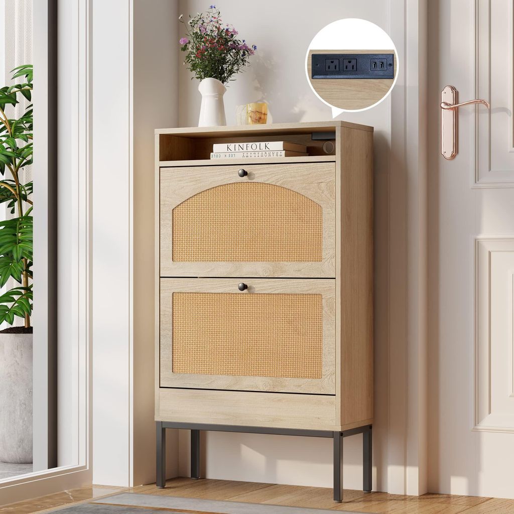 Schuhschrank Mit Ladefunktion Holzoptik Melamin Spanplatte Modern Platzsparend Praktisch Flur Wohnzimmer 59x22.5x103.5 cm
