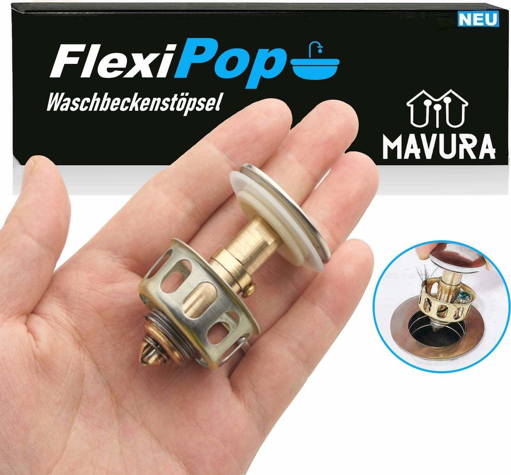 FlexiPop Ablauf Garnitur Abfluss Stopfen Waschbecken POP UP Stöpsel Filter Sieb