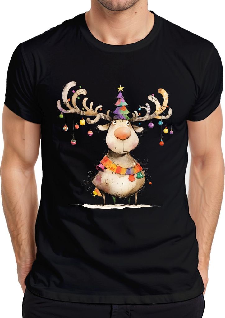 Rentier Weihnachten Geweih Christbaumkugel Lustig Kinder Bunt Herren T-Shirt, Schwarz, XL