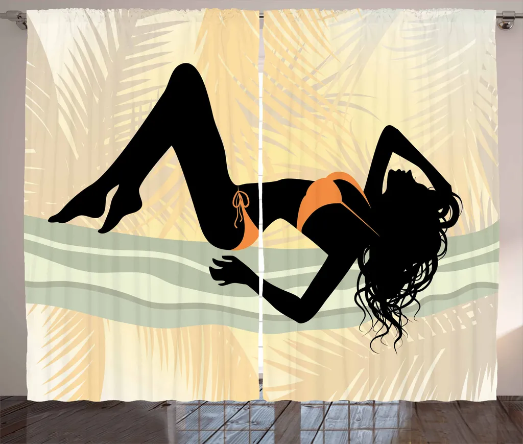 ABAKUHAUS Pin up Girl Tenda rustica, Donna riccioluta, Tenda con passanti e ganci per camera da letto, 280 x 175 cm, Arancione chiaro Blu Grigio