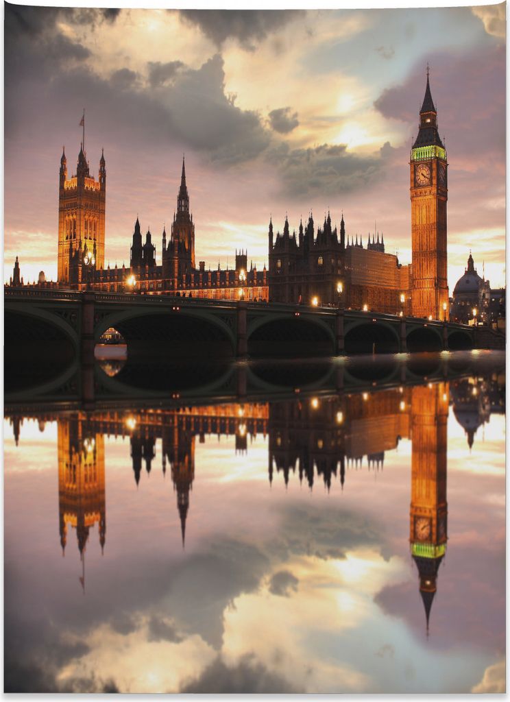 Abakuhaus Städtisch Wandteppich, Surrealer Abend Big Ben aus Weiches Mikrofaser Stoff Kein Verblassen Klare Farben Waschbar, 110 x 150 cm, Zimt Grau