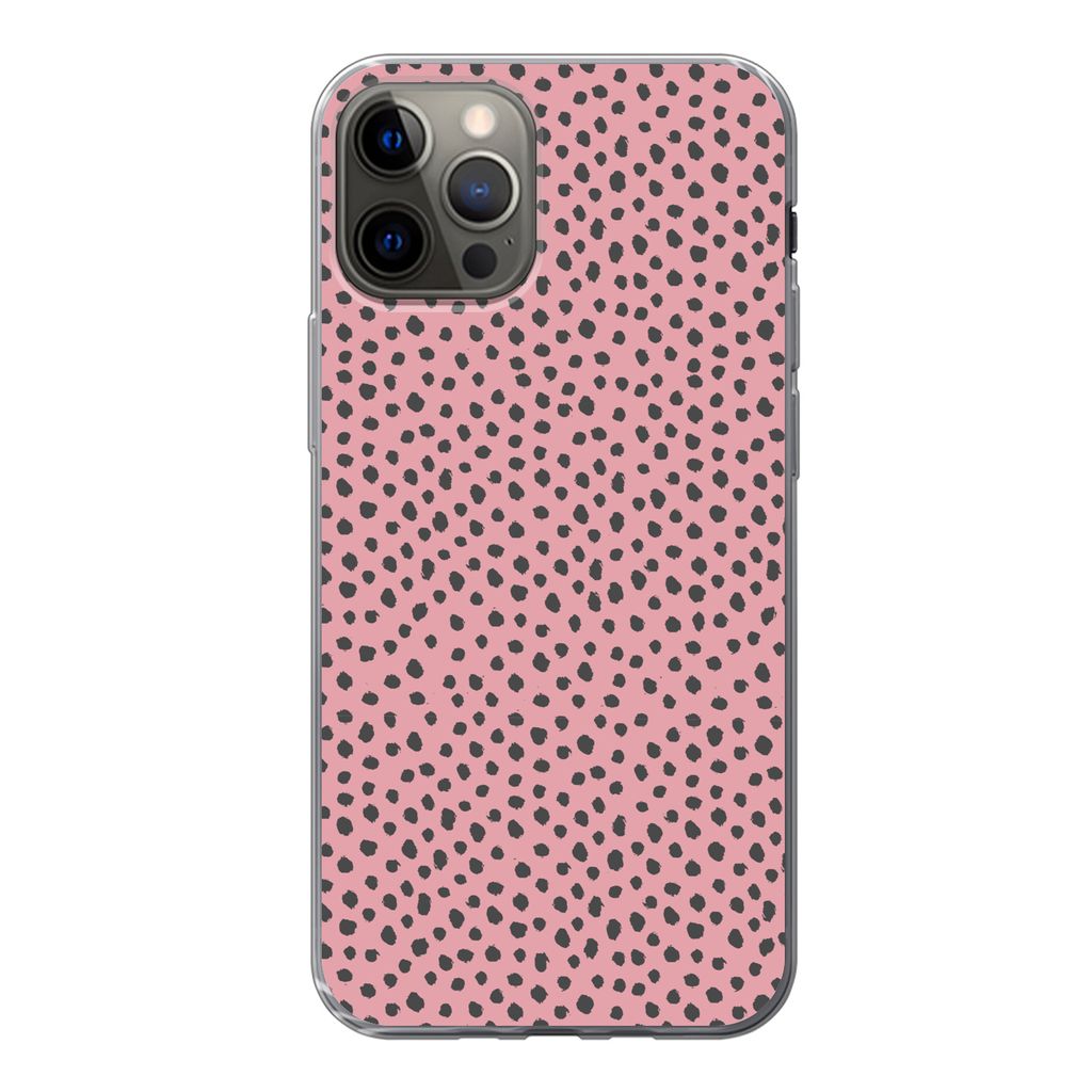 MuchoWow Handyhülle Schutzhülle Hülle für iPhone 12 Pro Polka dots - Rosa - Schwarz Silikon Softcase Handy Hülle - Abdeckung