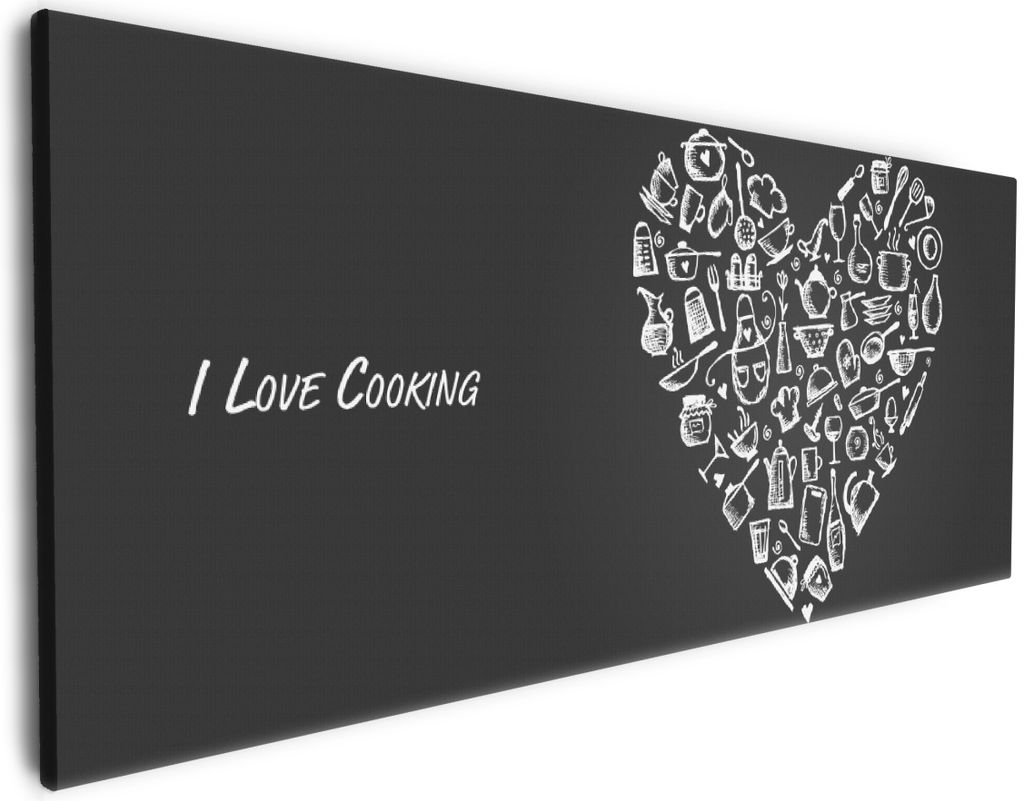 Wallario Premium Leinwandbild I Love Cooking - Herz aus Küchenutensilien in schwarz weiß in Größe 80 x 200 cm
