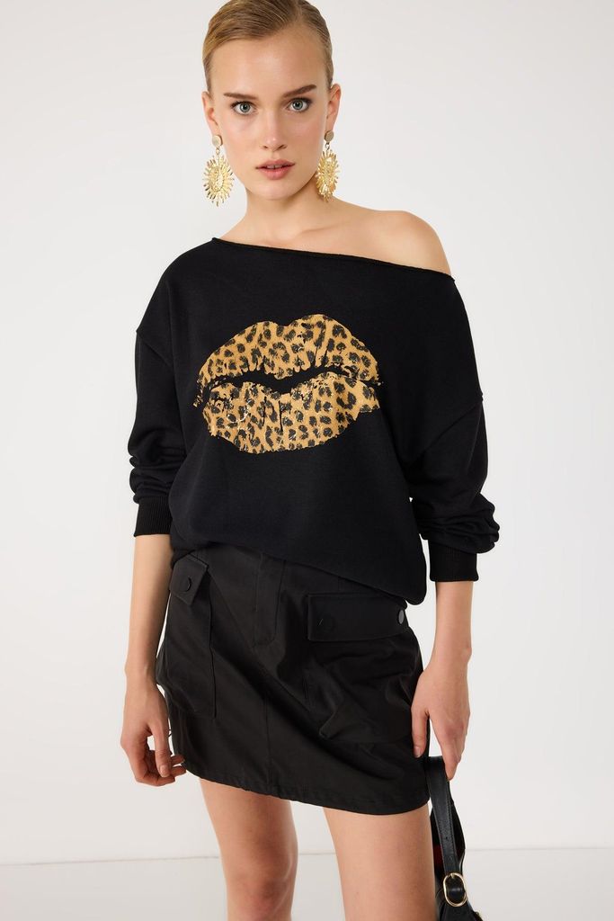 Sweatshirt mit Leopardenmuster und Lippenprint, Black, XL