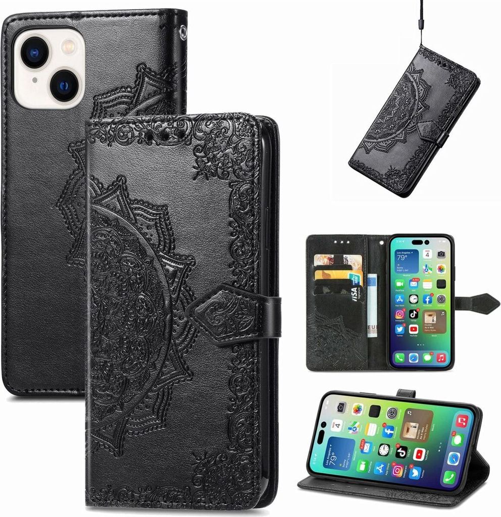 König Design Hülle kompatibel mit Apple iPhone 15 Plus Kunstleder Handyhülle - Handy Case Schwarz