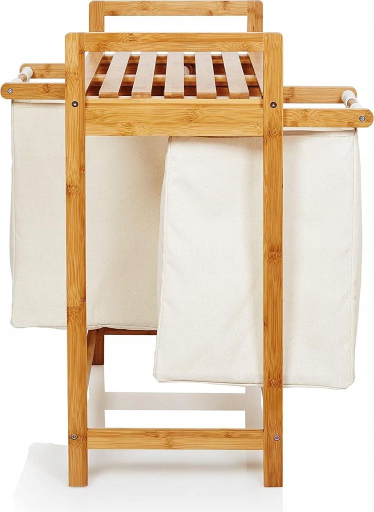 A bamboo laundry basket with two fabric bags hanging from it, shown against a white background.