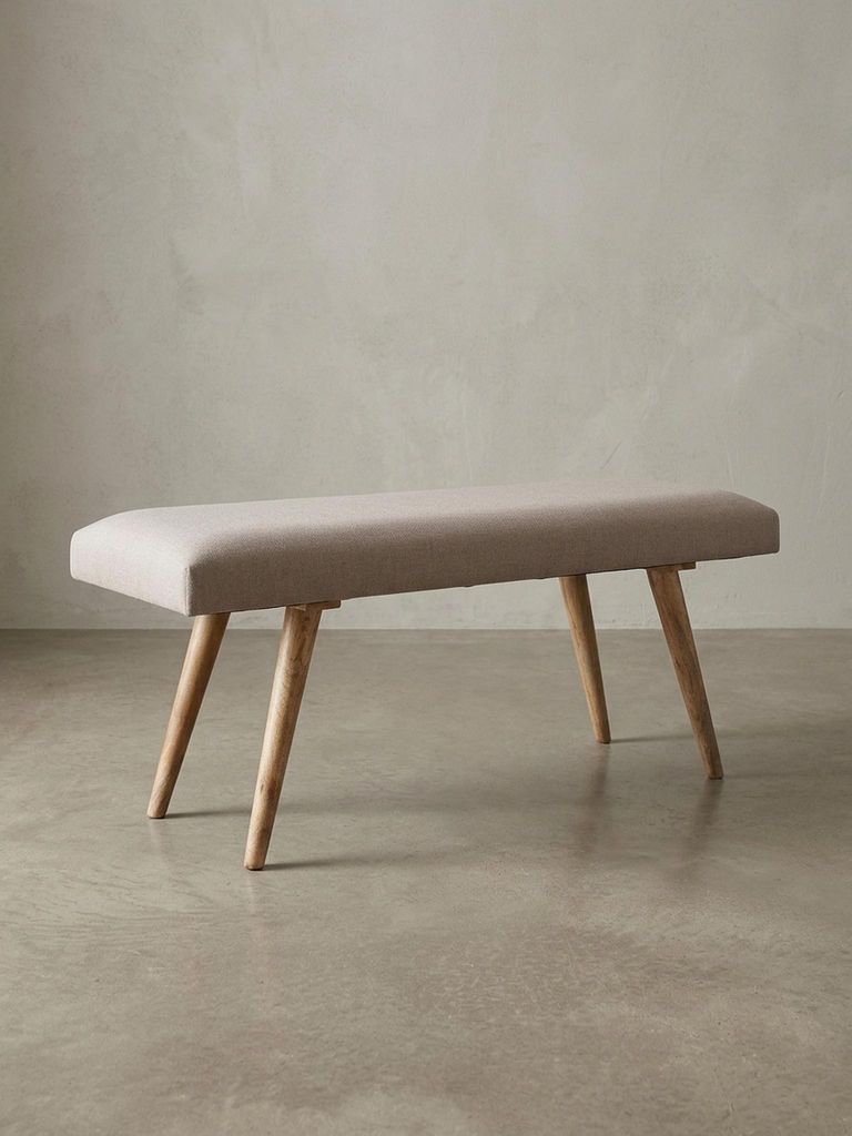 Sitzbank Stoff / Massivholz Bank Beige 117x51x38 cm im Retro Stil, 2er Polsterbank Flur, Gepolsterte Stoffbank Esszimmer Braun, Kleine Bettbank Bau...
