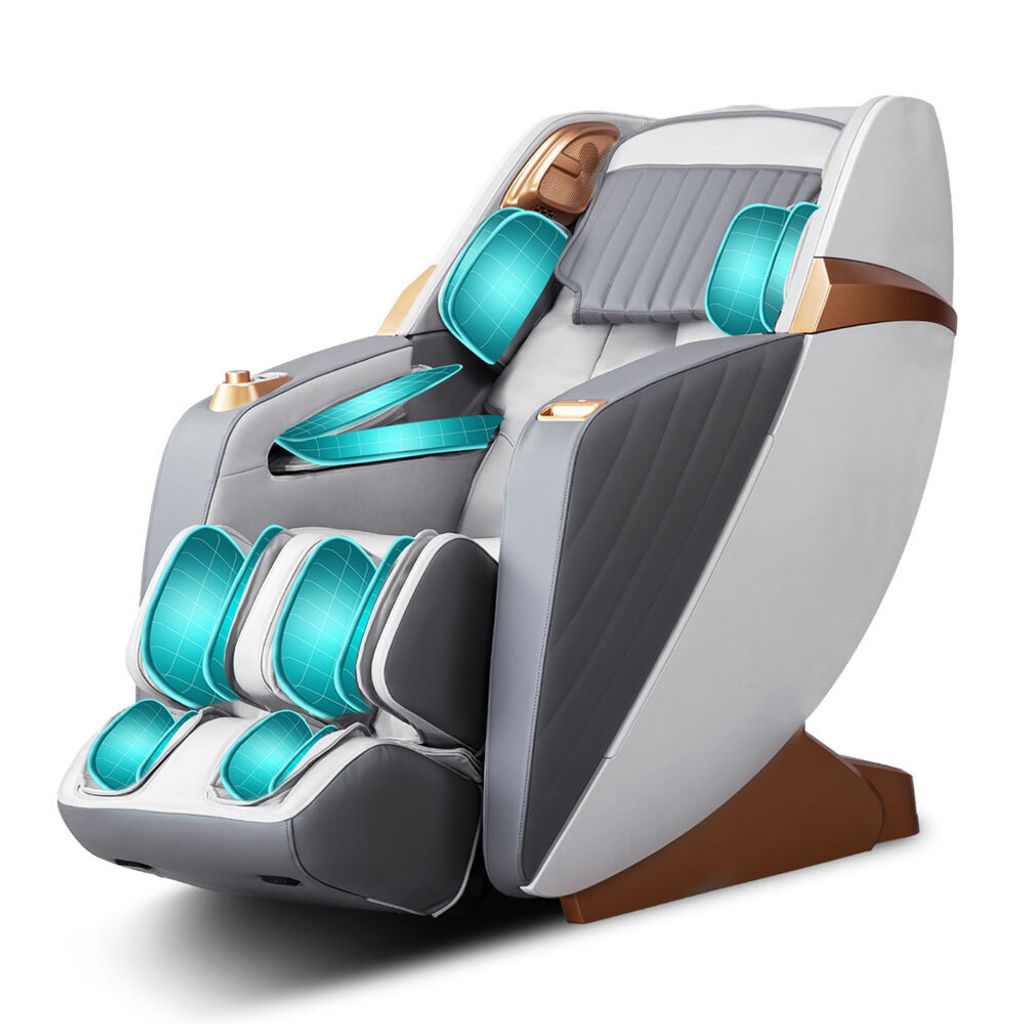 A modern massage chair with various massage features highlighted in teal.