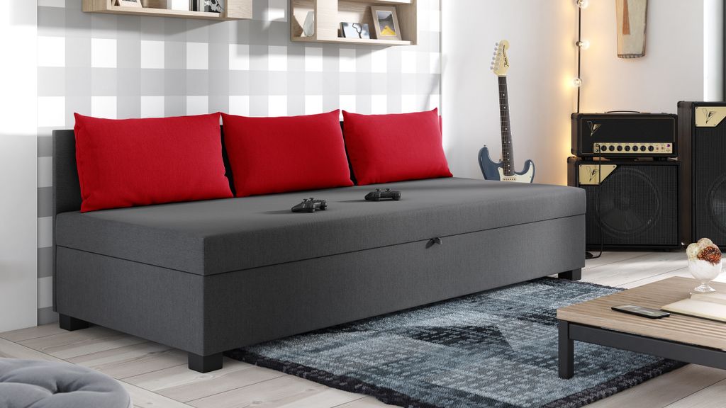 Schlafsofa Misti III - Einzelbett mit Kissen, Sofa mit Bettkasten, Bettsofa, Farbauswahl, Bettgestell, Komfortbett, Bett für Jugendzimmer, Schlafm...