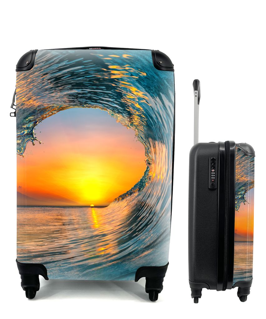 MuchoWow Koffer Handgepäck Trolley Rollkoffer Kleine Reisekoffer mit 4 Rollen - Sonnenuntergang - Wasser - Welle - Orange - Cabin Size < 55x40x2...
