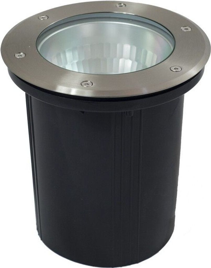 A ground light fixture with a stainless steel rim and a black cylindrical base.