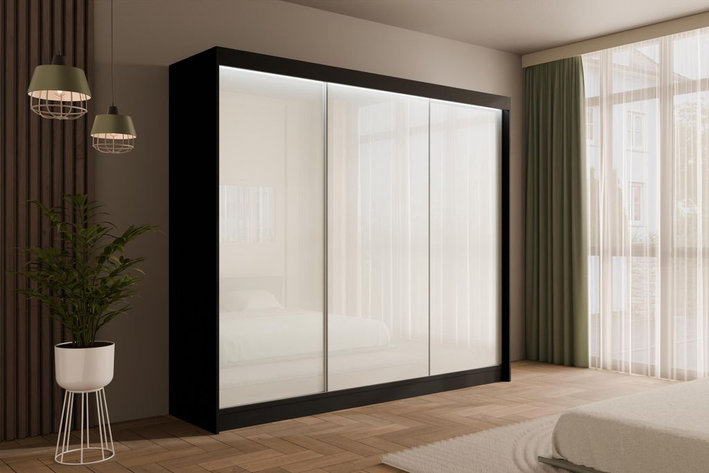 ALTDECOR Kleiderschrank mit Lacobel-Schiebetüren, kugelgelagerte Führungsschienen und Aluminium- Leisten, LED-Beleuchtung (weiß + 16 Farben) und...