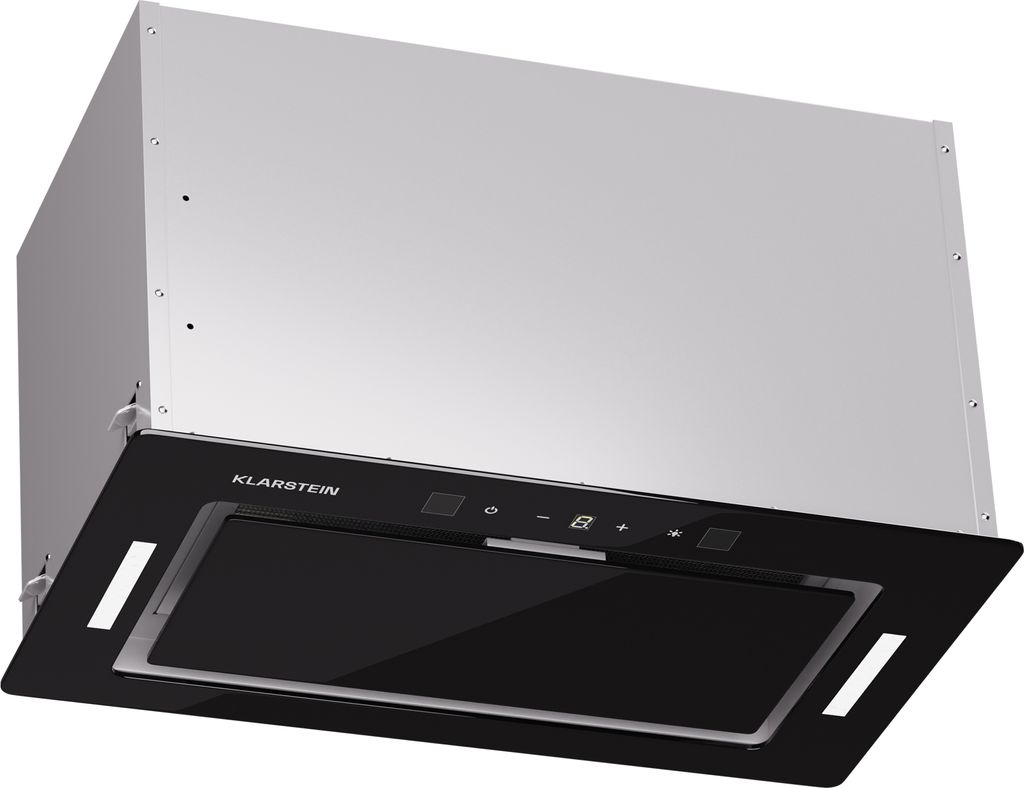 A built-in kitchen range hood with a black glass front and stainless steel housing.
