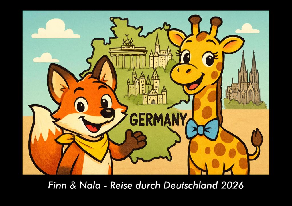 Finn & Nala - Reise durch Deutschland 2026 Fotokalender - Querformat DIN A3, Monatskalender mit Kinder-Motiven von Tieren, Reisen, Freundschaft und...