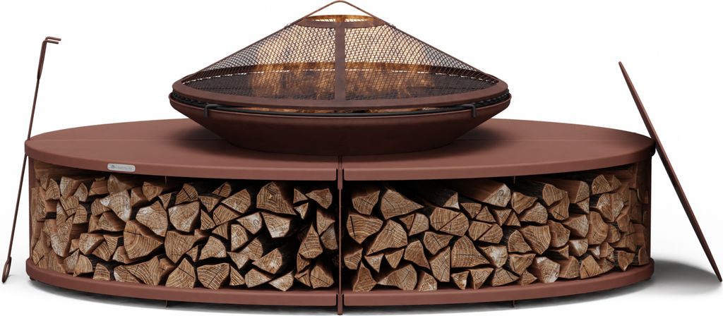 A round fire pit with a grill grate and a storage area for firewood, shown on a white background.