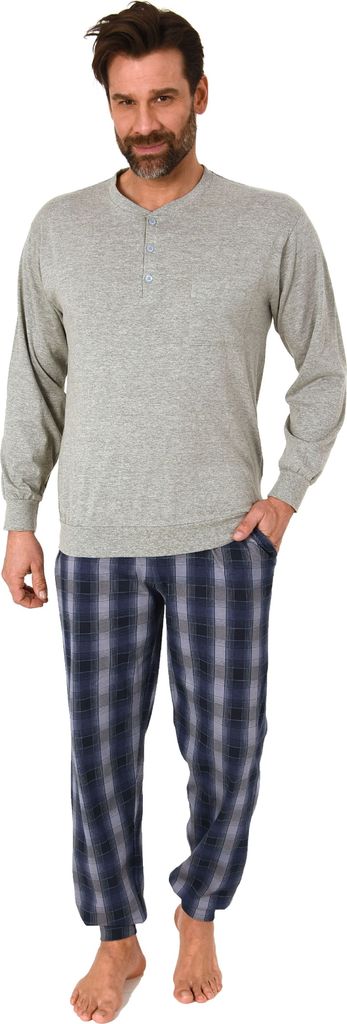 Normann Herren Schlafanzug mit Bündchen und karierter Jersey Hose - auch in Übergrössen ; grau-mel. , 58