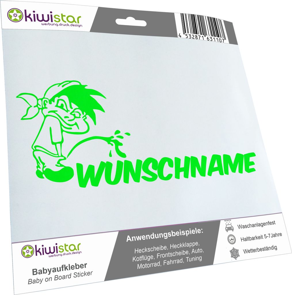 Kiwistar - Autoaufkleber - Piss on Wunschname - mit Tuch - 40 cm - neongrün - Pissmännchen - Aufkleber für Auto, Laptop, Fahrrad, LKW, Motorrad ...
