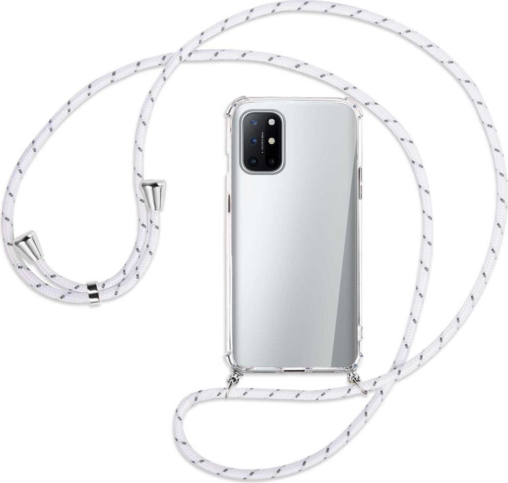Handykette Backcover-Schutzhülle mit Band (Metall silberfarben) für OnePlus 8T - weiß/grau