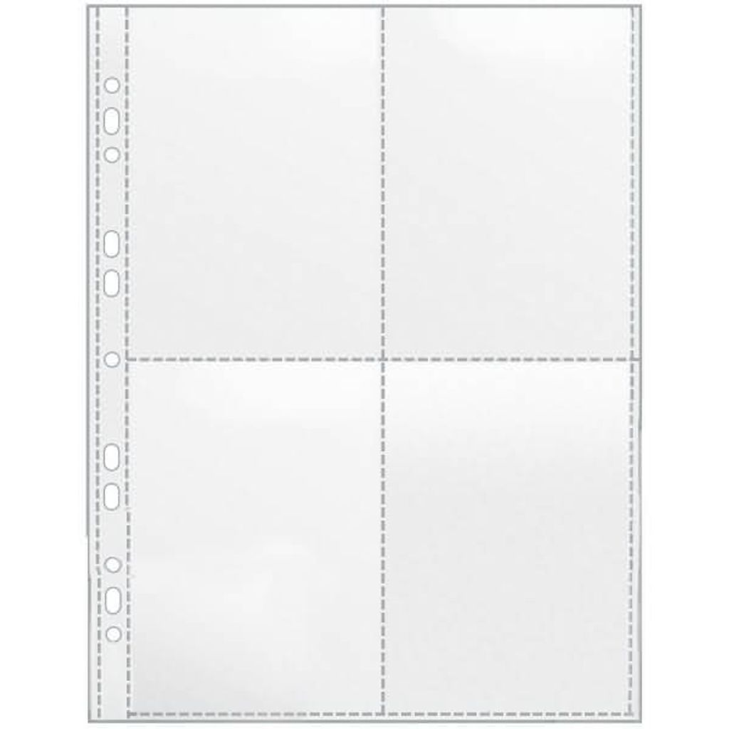 A clear, well-lit studio shot of a four-pocket page protector for A6 sized items.