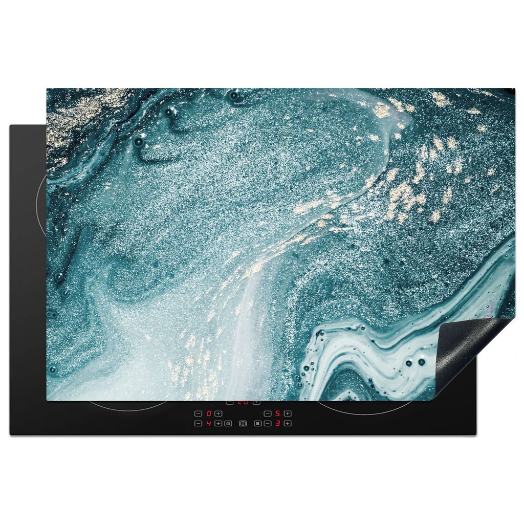 KitchenYeah Herdabdeckplatte Marmoroptik - Blau - Luxus , 76x51cm, Küche Deko, Glaskeramikkochfeld Herdabdeckung, Abdeckplatte fùr Kochfeld