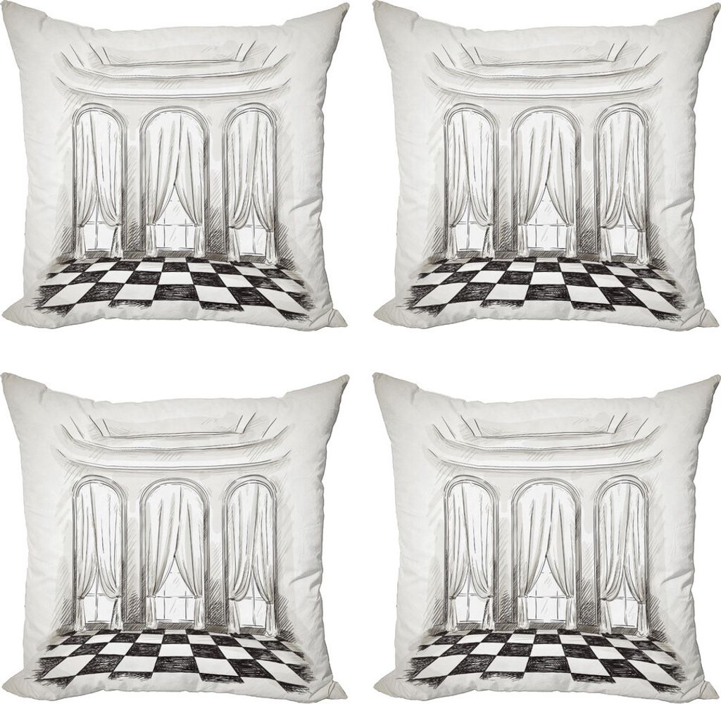 ABAKUHAUS Antiquität Kissenbezug Set (4 Stück), Schloss Barock Vorhänge, Moderner Doppelseitiger Digitaldruck, 60 cm x 60 cm, Schwarz-Weiss