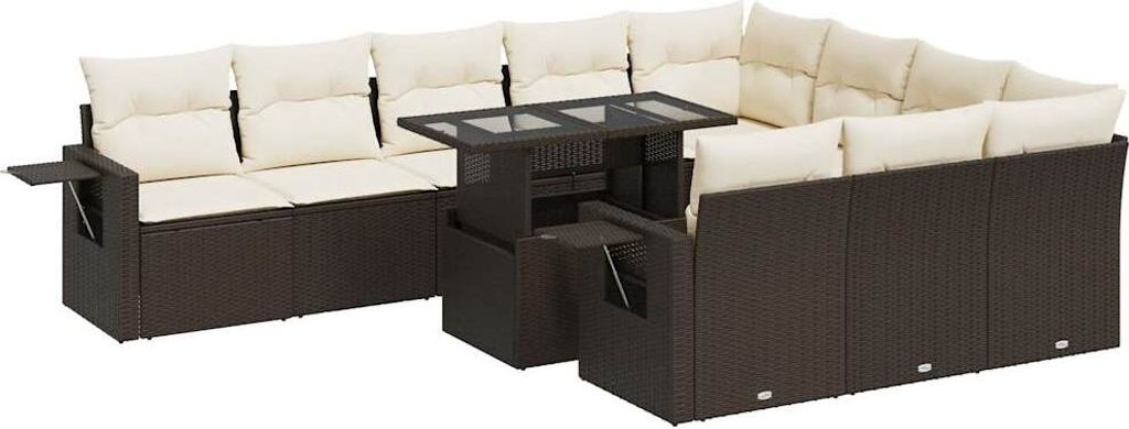 11-tlg. Garten-Sofagarnitur mit Kissen Braun Poly Rattan