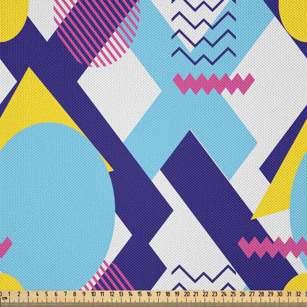 ABAKUHAUS Geometrisch Satin Stoff als Meterware, Bunte verschiedene Elemente Kreise Streifen und Zickzacke Retro Feels, 5 M (148 x 500 cm), Indigo ...