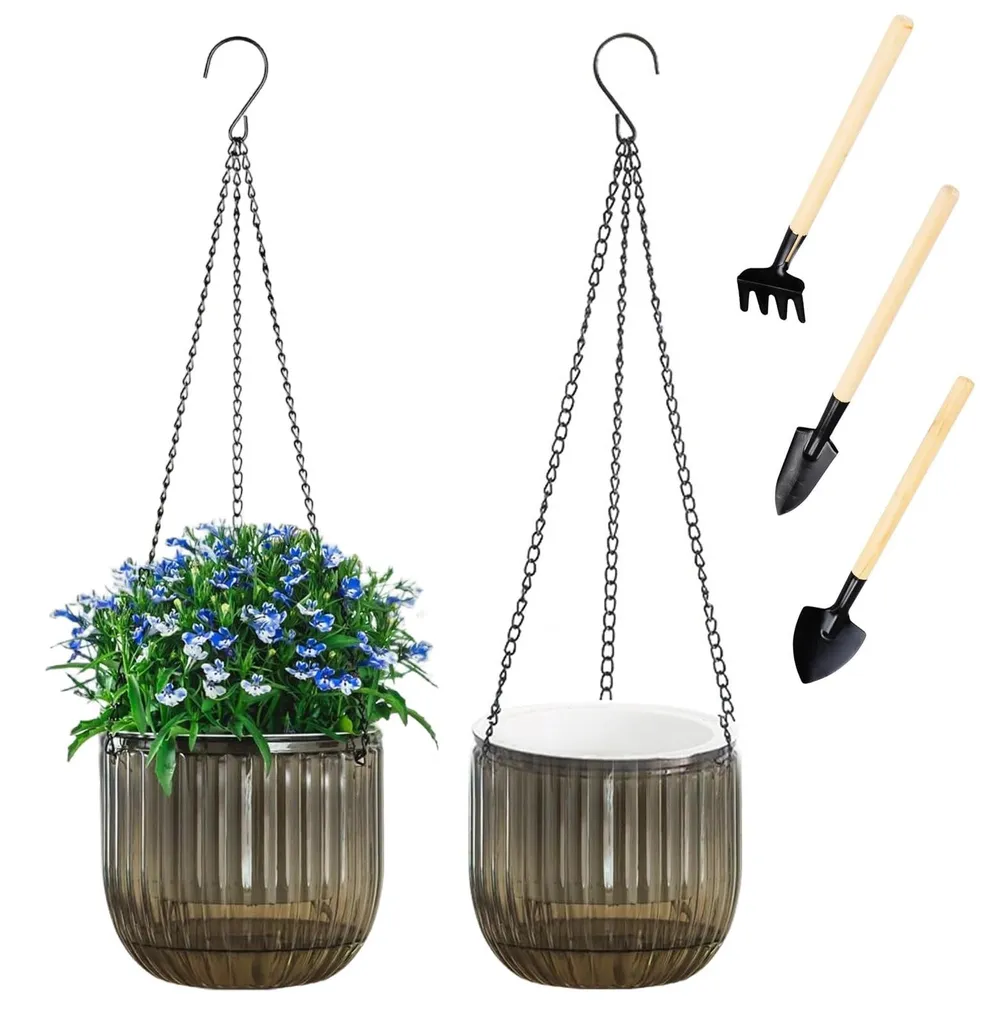 Lot de 2 pots de fleurs suspendus en macramé gris Ø 16,5 cm avec chaîne