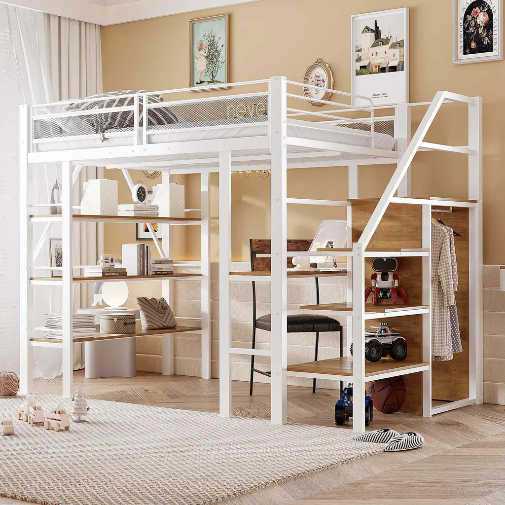 Optimisez votre espace : lit mezzanine 140x200 avec armoire et bureau blanc