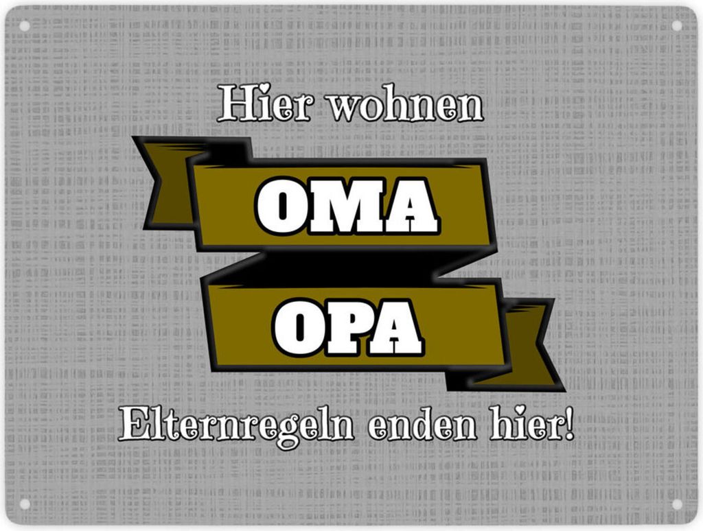 Metallschild XXL in 28x38 cm Hier wohnen Oma & Opa mit Stoffoptik in grau und