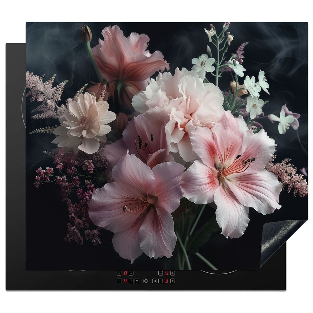 KitchenYeah Herdabdeckplatte Blumen - Rosa - Pflanzen , 60x52cm, Küche Deko, Glaskeramikkochfeld Herdabdeckung, Abdeckplatte fùr Kochfeld