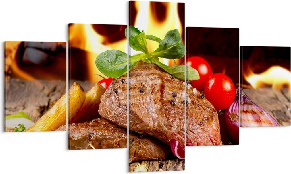 Bild auf Leinwand - Leinwandbild - Essen Holz Feuer Steak - 125x70cm - Wand Bild - Wanddeko - Leinwanddruck - Bilder - Kunstdruck - Wanddekoration ...