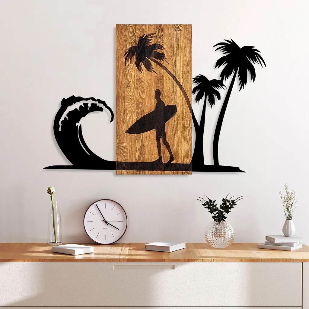 Wallity Surfer Life: Decorazione Parete di Lusso Noce e Metallo