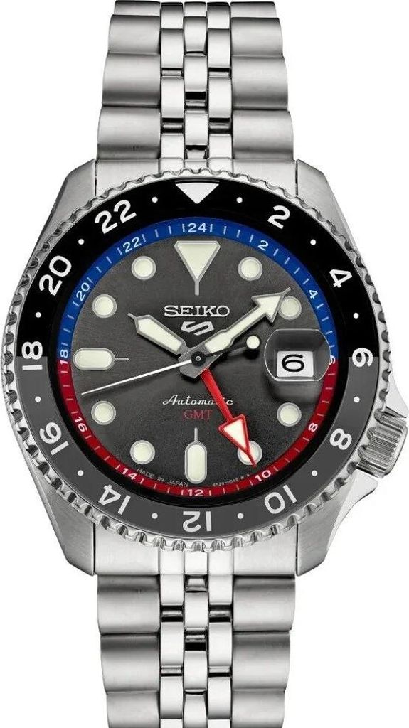 A close-up studio shot of a Seiko 5 Sports GMT automatic men's watch.