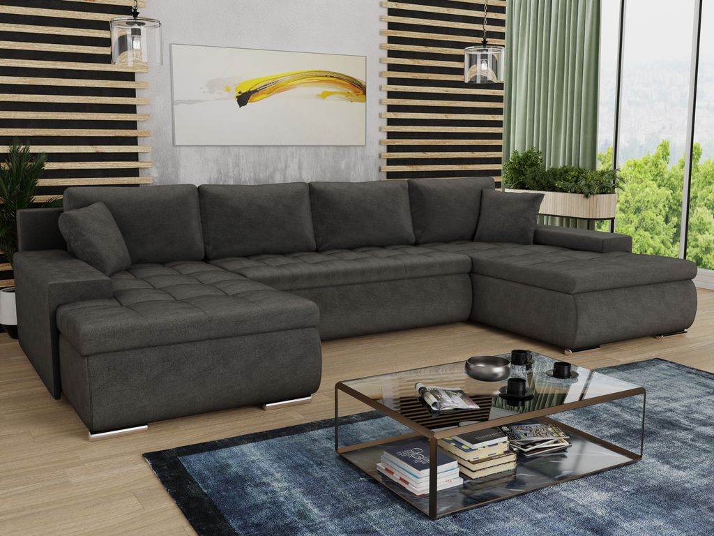 Wohnlandschaft mit Schlaffunktion Faris U Form   Couch, Schlafsofa mit  Bettkasten, Couchgranitur mit Bettfunktion, Big Sofa, Bettsofa Dunkelgrau  ...