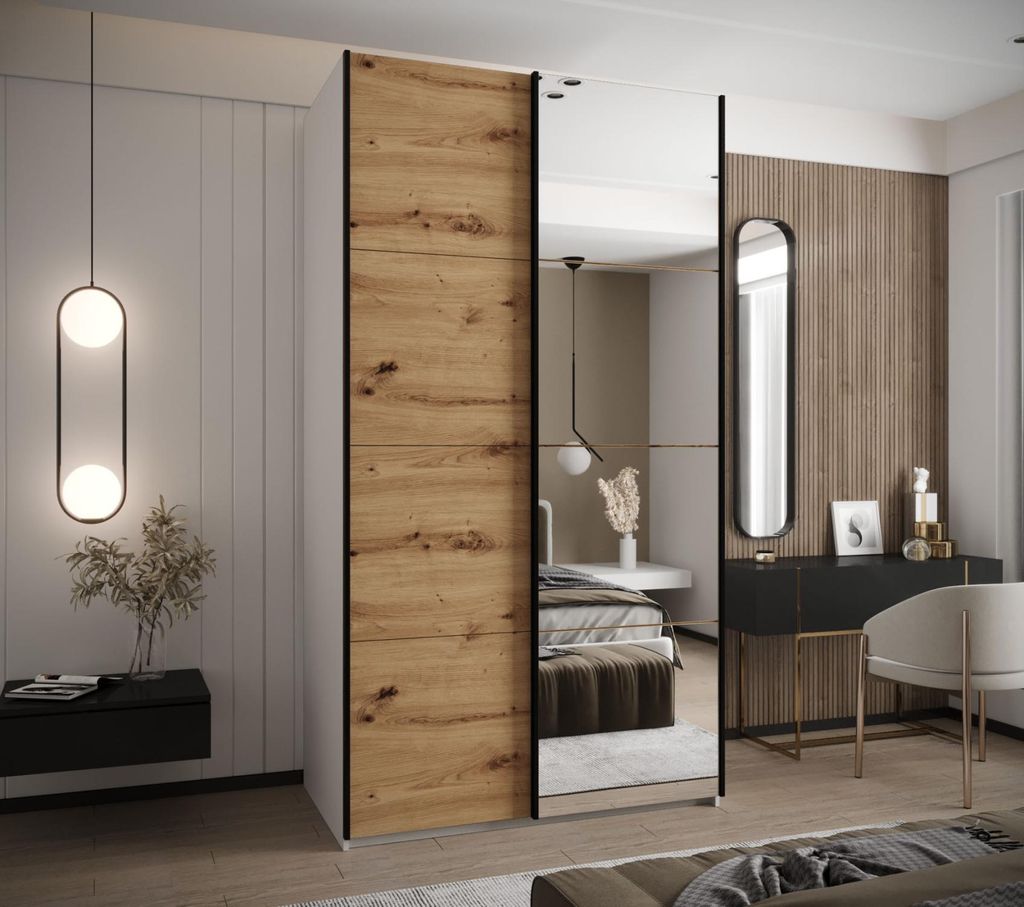 Zweitüriger Kleiderschrank SAMARA 3 – 130 cm, weiß/Eiche handwerklich/schwarz