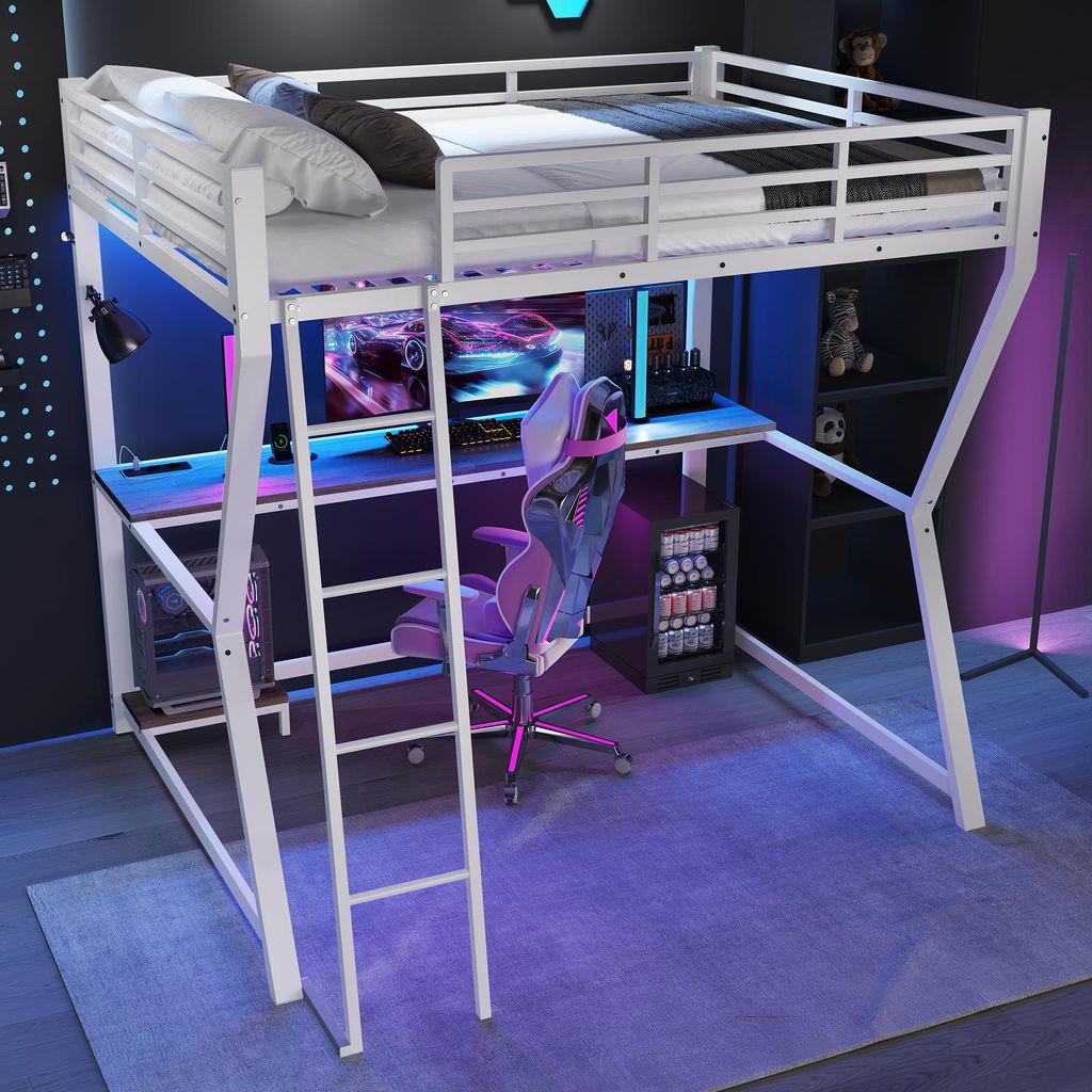 STILVORA Hochbett 140x200 mit Schreibtisch&Steckdose,Bettgestell mit LED-Leuchten&Computerkonsolenablage,Jugendbett mit Lattenrost&Geländer,ohne M...