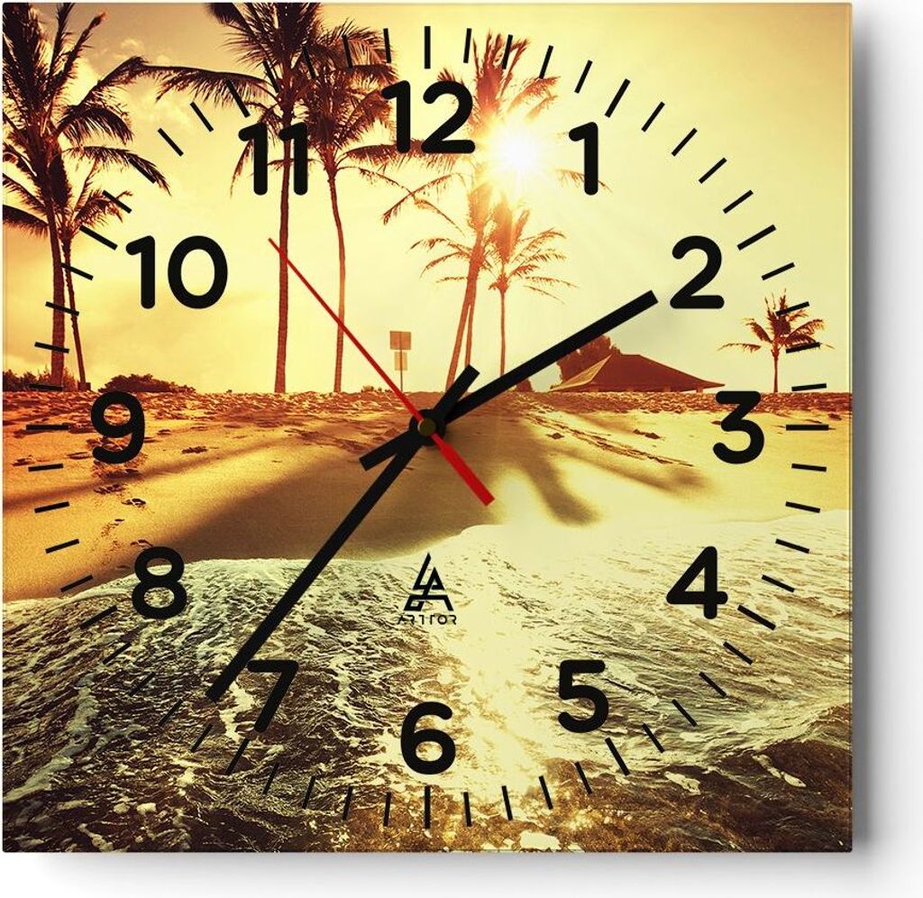 Wanduhr - Quadrat - Glasuhr - Strand Meer Palme - 40x40cm - Schleichendes Uhrwerk - Lautlos - zum Aufhängen bereit - Dekoration Modern - Wanddekor...