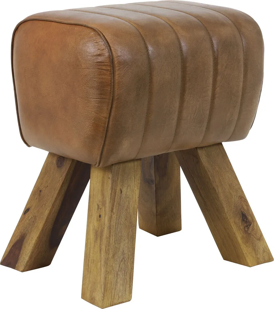 Tabouret Light & Living RAMY en bois et cuir brun - 40x31x46 cm