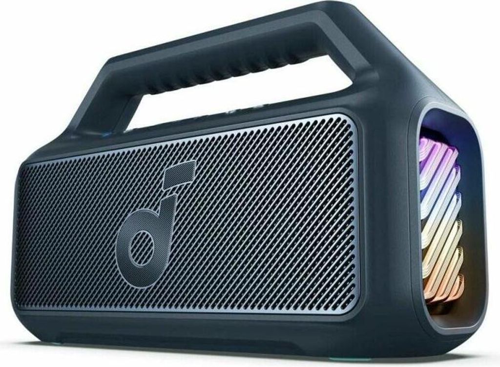 A dark gray portable speaker with a handle and a silver grille on the front. The right side of the speaker has colorful LED lights.