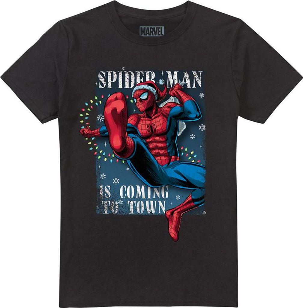 Spider-Man - "Is Coming To Town" T-Shirt für Herren/Damen Uni, weihnachtliches Design TV26404 (XXL) (Schwarz)