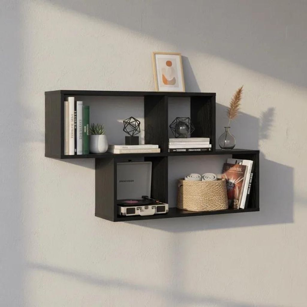 Wandregal Holz - Hängeregal mit 4 Ablagen - 100x20x53 cm - Rustikales klassisches Design - Wandregal zur Aufbewahrung im Wohnzimmer - Schwarz