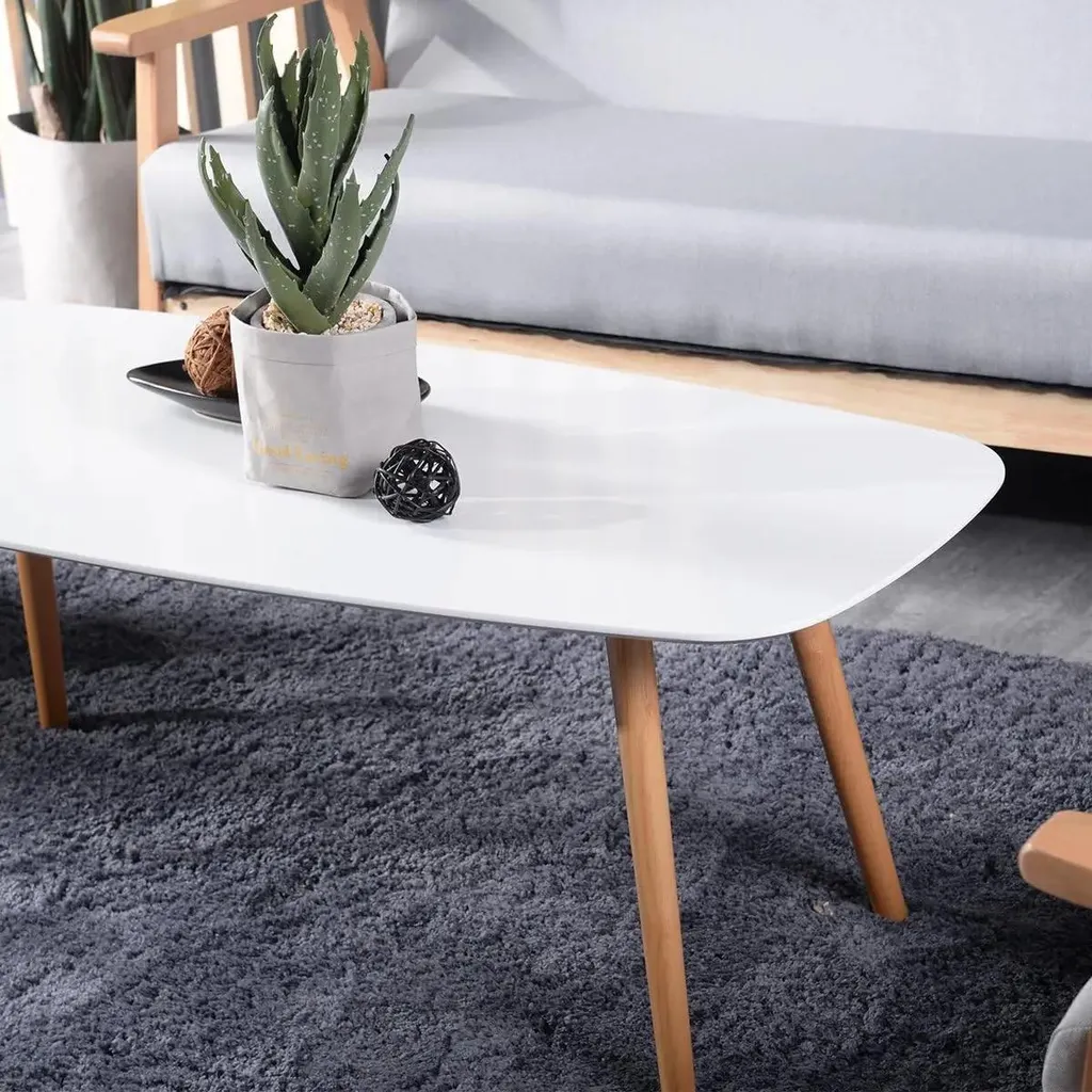 Table basse bois design moderne 110cm - Finition blanc laqué forme ovale - 3