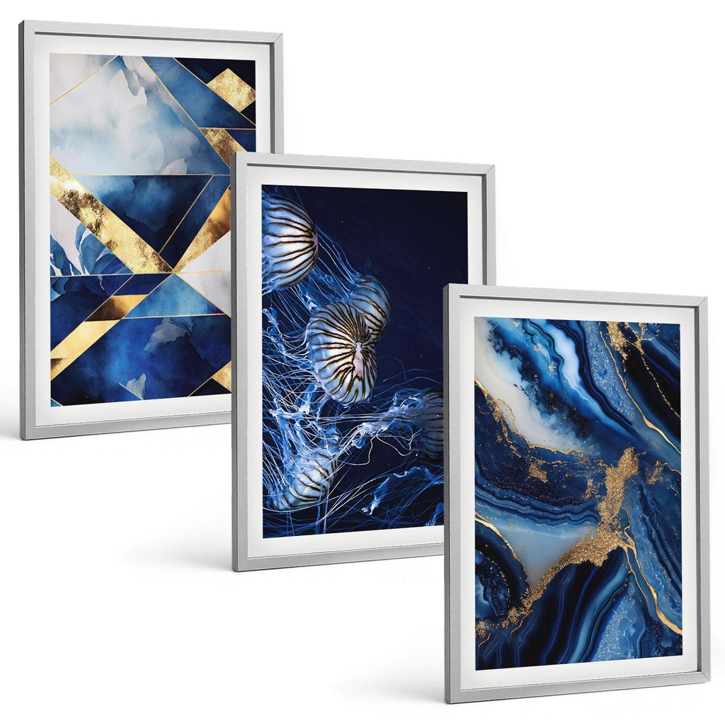 Bilder Set 3-teilig im silbergerahmten Rahmen – Wandbilder 3 Stück – gerahmte Poster für Wohnzimmer, Schlafzimmer und Flur – 40x60 cm – A...