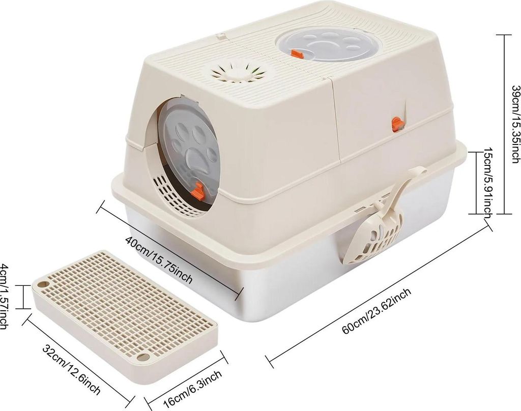 Katzenklo - Geschlossene Katzentoilette - Klappdeckel - Edelstahl + PP/ABS - 28 L - Für Katzen bis 10 kg - Mit Schaufel & Bürste - Khaki/Gelb