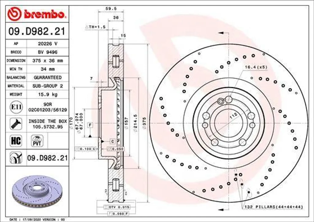 Disque de Frein Brembo 09.D982.21 Idéal pour Entretien Mercedes GLE SUV
