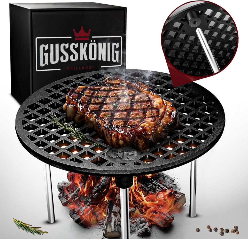 Gusskönig Gusseisen Grillrost mit Beinen Ø30 cm - Grillrost Kohle - Grillrost Dreibein Gusseisen Dutch Oven Untersetzer - Feuerrost Grill Zubehör